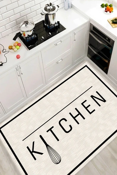 Kitchen Yazılı Yıkanabilir Leke Tutmaz Kaymaz Taban Mutfak Halısı 180 x 300 cm Kırık Beyaz ürün görseli 1