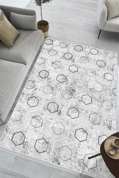 Modern Baskılı Kaymaz Yıkanabilir Salon Oturma Odası Mutfak Antre Hol Halısı Yolluk 160 x 230 cm Mavi ürün görseli 1