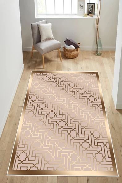 Modern Desen Baskılı Kaymaz Yıkanabilir Salon Oturma Odası Mutfak Antre Hol Halısı Yolluk 80 x 250 cm Gold ürün görseli 1