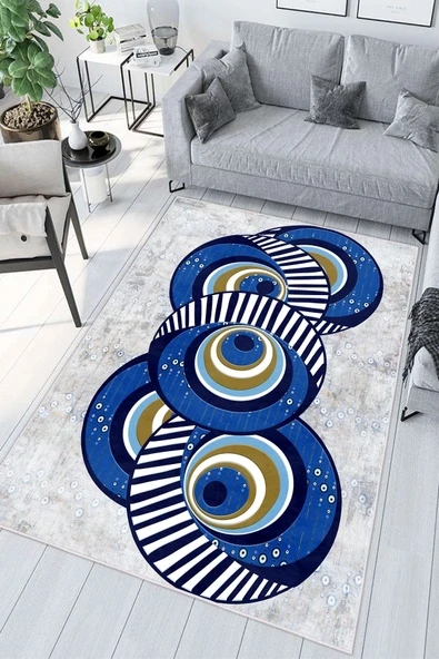 Modern Soyut Nazar Boncuğu Desenli Mavi Gold Dijital Baskılı Kaymaz Taban Salon Halısı Yolluk 100 x 400 cm Çok Renkli ürün görseli 1