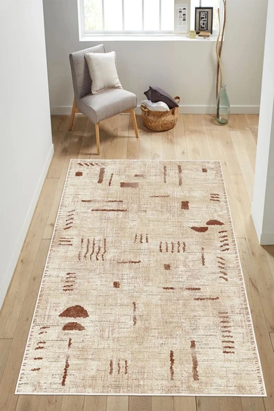 Modern Etnik Modern Çizgi Desenli Krem Dijital Baskılı Yıkanabilir Kaymaz Taban Salon Halısı Yolluk 80 x 200 cm Krem ürün görseli 1
