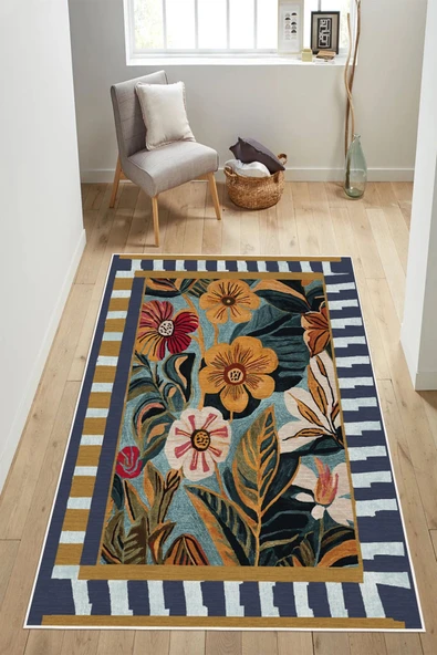 Neşeli Papatya ve Çiçek Desenli Dijital Baskılı Yıkanabilir Kaymaz Taban Salon Halısı Yolluk 100 x 250 cm Çok Renkli ürün görseli 1