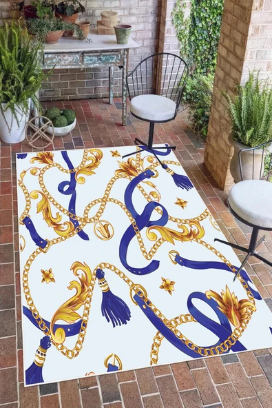 Barok Stil Zincir Desenli Lacivert Gold Dijital Baskılı Yıkanabilir Kaymaz Taban Salon Halısı Yolluk 200 x 400 cm Çok Renkli ürün görseli 1