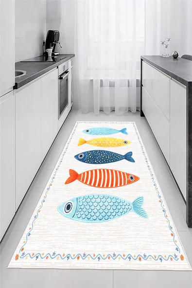 Renkli Balık Desenli Baskılı Kaymaz Yıkanabilir Mutfak Balkon Antre Halısı Yolluk 100 x 150 cm Çok Renkli ürün görseli 1