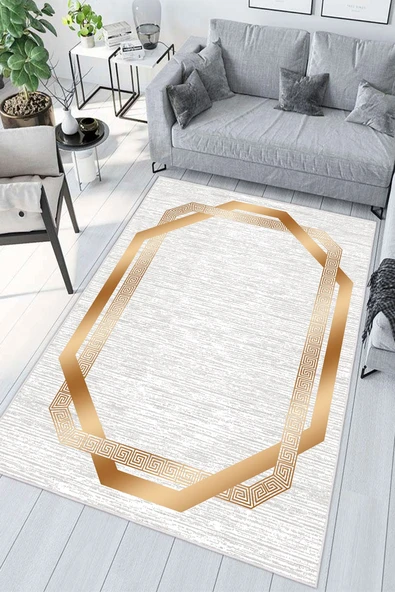 Gold Çerçeveli Modern Gri Zemin Desenli Dijital Baskılı Yıkanabilir Kaymaz Taban Salon Halısı Yolluk 100 x 200 cm Çok Renkli ürün görseli 1