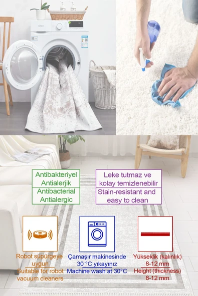 Çerçeve Desen Baskılı Kaymaz Yıkanabilir Salon Oturma Odası Mutfak Hol Antre Halısı Yolluk 200 x 300 cm Beyaz ürün görseli 1