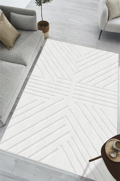 Modern Beyaz Desen Baskılı Kaymaz Yıkanabilir Salon Oturma Odası Mutfak Antre Halısı Yolluk 120 x 180 cm Beyaz ürün görseli 1