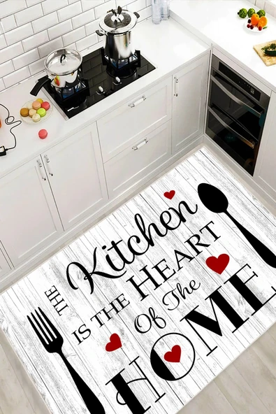 Kitchen Yazılı Baskılı Yıkanabilir Kaymaz Taban Mutfak Halısı 100 x 200 cm Kırık Beyaz ürün görseli 1