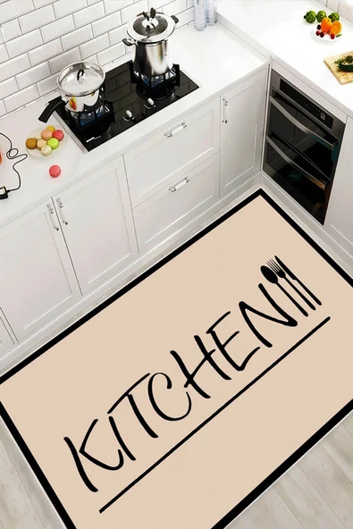 Kitchen Yazılı Baskılı Yıkanabilir Leke Tutmaz Kaymaz Mutfak Halısı 180 x 300 cm Bej ürün görseli 1
