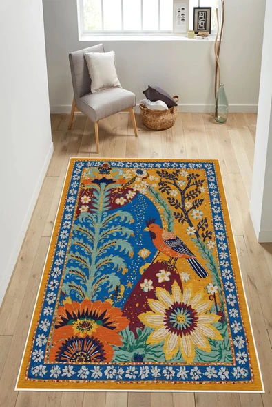 Retro Stil Tropikal Desenli Dijital Baskılı Yıkanabilir Kaymaz Taban Salon Halısı Yolluk 50 x 60 cm Çok Renkli