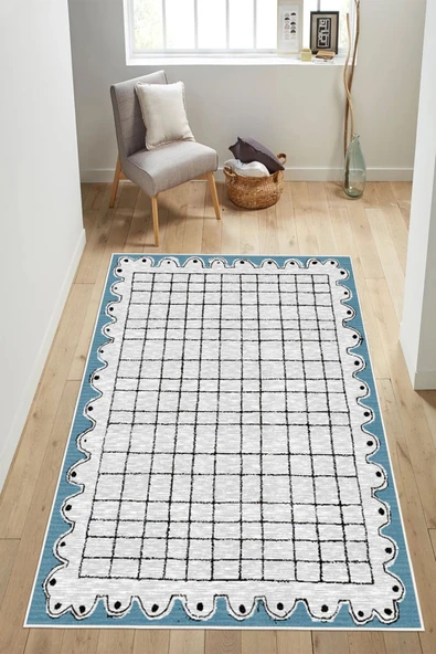 Modern Dalgalı Kenar Tasarımlı Damalı Dijital Baskılı Yıkanabilir Kaymaz Taban Salon Halısı Yolluk 100 x 250 cm Mavi ürün görseli 1