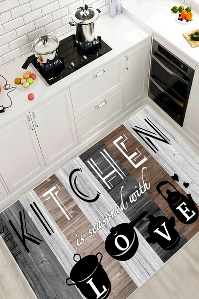 Kitchen Mutfak Temalı Baskılı Yıkanabilir Kaymaz Taban Mutfak Halısı 160 x 230 cm Gri ürün görseli 1