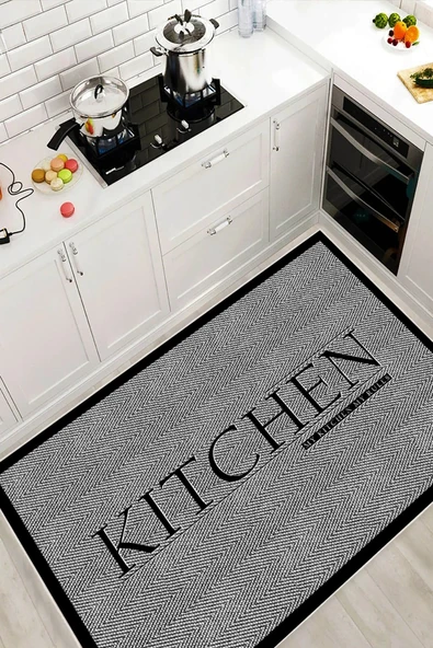 Kitchen Yazılı Çerçeveli Gri Baskılı Yıkanabilir Kaymaz Mutfak Halısı 200 x 400 cm Gri ürün görseli 1