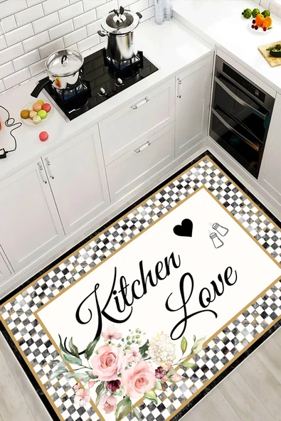 Kitchen Love Yazılı Baskılı Yıkanabilir Kaymaz Taban Mutfak Halısı 200 x 350 cm Kırık Beyaz ürün görseli 1