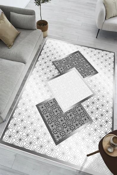 Modern Desenli Baskılı Kaymaz Yıkanabilir Salon Oturma Odası Mutfak Antre Hol Halısı Yolluk 200 x 300 cm Gri ürün görseli 1