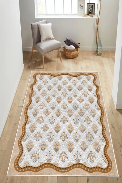 Floral Desen Çerçeveli Baskılı Kaymaz Yıkanabilir Salon Oturma Odası Mutfak Antre Halısı Yolluk 80 x 300 cm Kahverengi ürün görseli 1