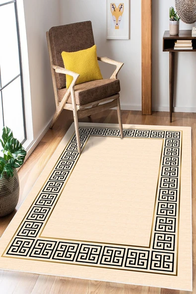 Modern İskandinav Çerçeveli Krem Dijital Baskılı Yıkanabilir Kaymaz Taban Salon Halısı Yolluk 120 x 180 cm Çok Renkli ürün görseli 1