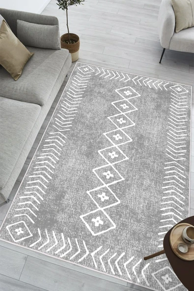 Modern Etnik Kilim Desenli Dijital Baskılı Yıkanabilir Kaymaz Taban Salon Halısı Yolluk 100 x 250 cm Gri ürün görseli 1