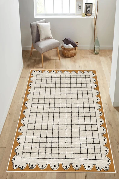 Modern Dalgalı Kenar Tasarımlı Damalı Dijital Baskılı Yıkanabilir Kaymaz Taban Salon Halısı Yolluk 100 x 200 cm Kahverengi ürün görseli 1