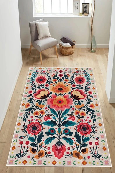 Klasik Çiçek Desenli Vintage Renkli Dijital Baskılı Yıkanabilir Kaymaz Taban Salon Halısı Yolluk 80 x 200 cm Çok Renkli ürün görseli 1