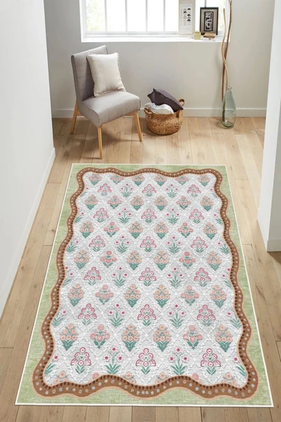 Floral Desen Çerçeveli Baskılı Kaymaz Yıkanabilir Salon Oturma Odası Mutfak Antre Halısı Yolluk 120 x 200 cm Yeşil ürün görseli 1