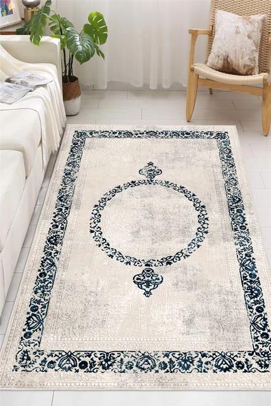 Klasik Desenli Baskılı Kaymaz Yıkanabilir Salon Oturma Odası Mutfak Balkon Halısı Yolluk 100 x 200 cm Mavi ürün görseli 1