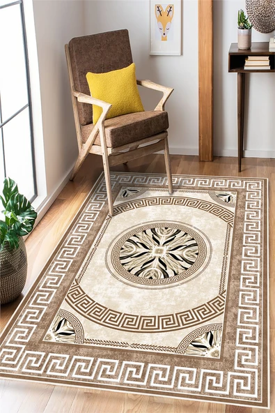 Çerçeveli Klasik Desen Baskılı Kaymaz Yıkanabilir Salon Oturma Odası Antre Halısı Yolluk 50 x 60 cm Kahverengi