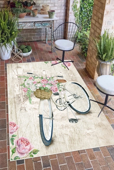 Romantik Vintage Bisiklet ve Gül Desen Dijital Baskılı Yıkanabilir Kaymaz Taban Salon Halısı Yolluk 100 x 150 cm Çok Renkli ürün görseli 1