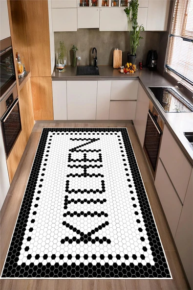 Siyah Beyaz Kitchen Yazılı Dijital Baskılı Kaymaz Yıkanabilir Mutfak Halısı Yolluk 80 x 300 cm Siyah ürün görseli 1