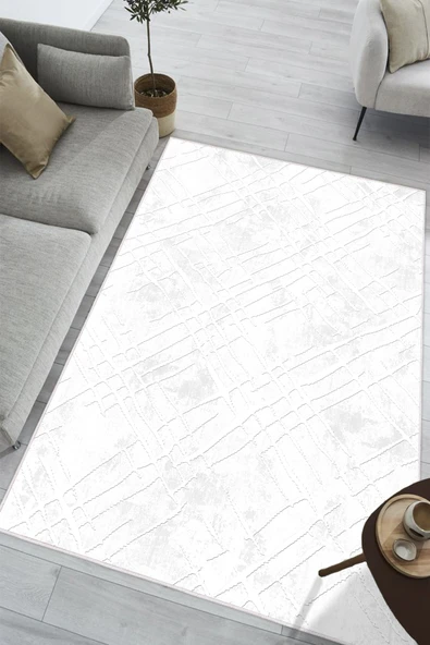 Soyut Desen Baskılı Kaymaz Yıkanabilir Salon Oturma Odası Mutfak Hol Antre Halısı Yolluk 80 x 150 cm Beyaz ürün görseli 1