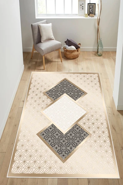 Modern Desenli Baskılı Kaymaz Yıkanabilir Salon Oturma Odası Mutfak Antre Hol Halısı Yolluk 80 x 250 cm Gold ürün görseli 1