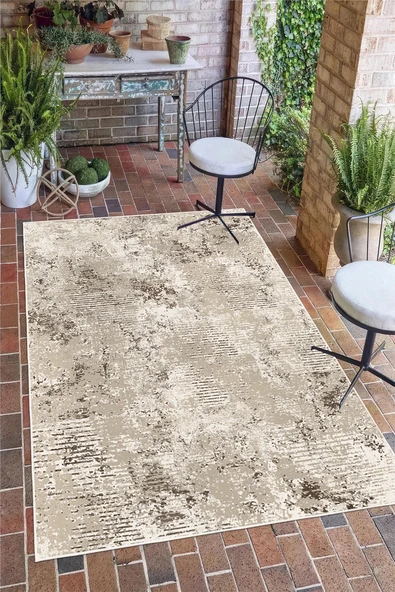 Modern Soyut Dokulu Vizon Gri Geçişli Dijital Baskılı Yıkanabilir Kaymaz Taban Salon Halısı Yolluk 100 x 400 cm Bej ürün görseli 1