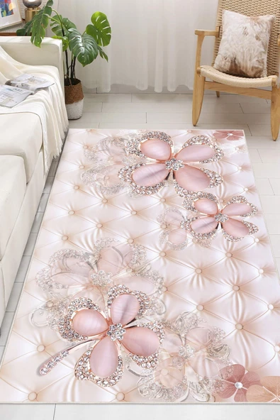 3D Kapitone Görünümlü Mücevher Çiçekli Dijital Baskılı Yıkanabilir Kaymaz Taban Salon Halısı Yolluk 100 x 400 cm Çok Renkli ürün görseli 1