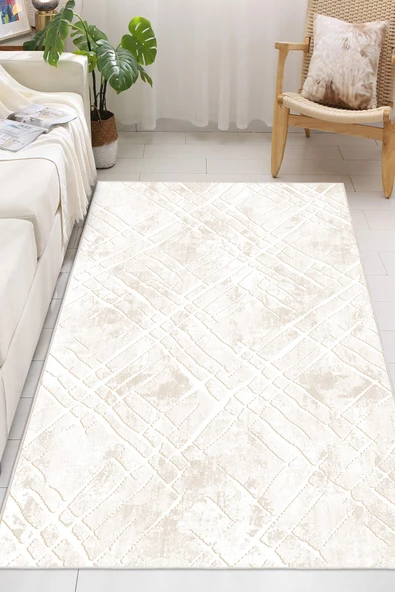 Soyut Desen Baskılı Kaymaz Yıkanabilir Salon Oturma Odası Mutfak Hol Antre Halısı Yolluk 50 x 60 cm Bej