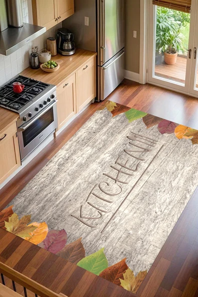 Sonbahar Temalı Kitchen Yazılı Baskılı Yıkanabilir Mutfak Halısı Yolluk 200 x 350 cm Bej ürün görseli 1