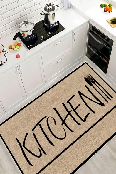Modern Mutfak Halısı Dört Mevsim Makinede Yıkanabilir Leke Tutmaz Kaymaz Taban Mutfak Halı 80 x 300 cm Bej ürün görseli 1