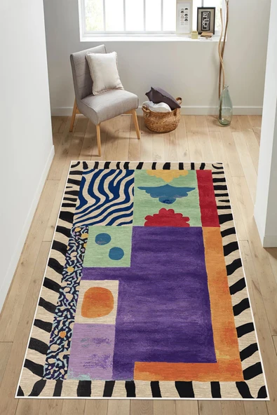Modern Geometrik Desenli Janjanlı Dijital Baskılı Yıkanabilir Kaymaz Taban Salon Halısı Yolluk 120 x 200 cm Çok Renkli ürün görseli 1