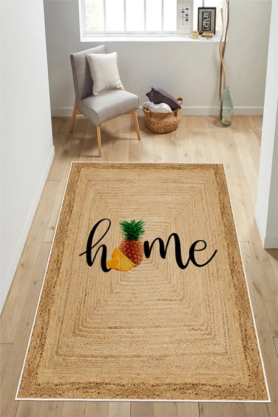 Jüt Görünümlü Home Yazılı Baskılı Kaymaz Yıkanabilir Mutfak Antre Hol Balkon Halısı Yolluk 200 x 250 cm Bej ürün görseli 1