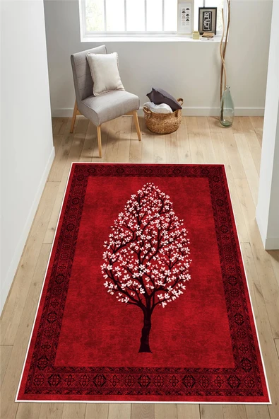 Sakura Desenli Kırmızı Baskılı Kaymaz Yıkanabilir Salon Oturma Odası Mutfak Balkon Halısı Yolluk 80 x 400 cm Kırmızı ürün görseli 1