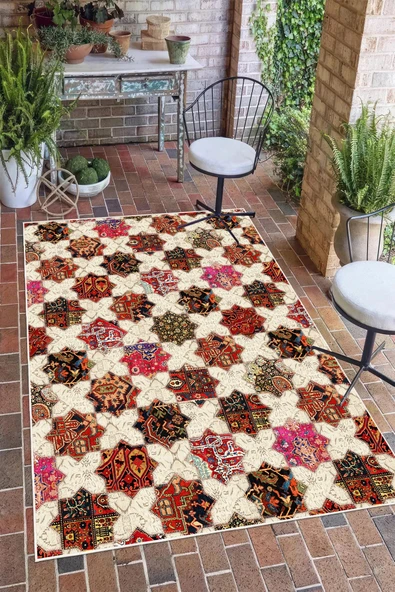Etnik Otantik Patchwork Desenli Renkli Dijital Baskılı Yıkanabilir Kaymaz Taban Salon Halısı Yolluk 200 x 250 cm Çok Renkli ürün görseli 1