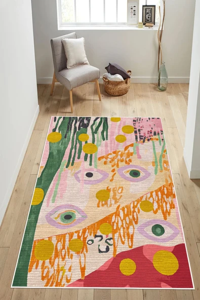Modern Soyut Sanat Göz Figürlü Dijital Baskılı Yıkanabilir Kaymaz Taban Salon Halısı Yolluk 160 x 230 cm Çok Renkli ürün görseli 1