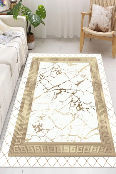 Çerçeve Desen Baskılı Kaymaz Yıkanabilir Salon Oturma Odası Mutfak Hol Antre Halısı Yolluk 200 x 400 cm Beyaz ürün görseli 1