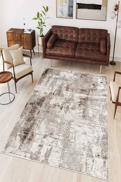 Soyut Desenli Baskılı Kaymaz Yıkanabilir Salon Oturma Odası Mutfak Antre Hol Halısı Yolluk 60 x 100 cm Kahverengi ürün görseli 1