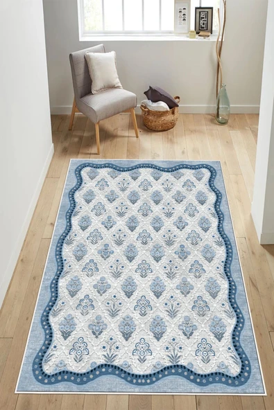 Floral Desen Çerçeveli Baskılı Kaymaz Yıkanabilir Salon Oturma Odası Mutfak Antre Halısı Yolluk 80 x 150 cm Mavi ürün görseli 1