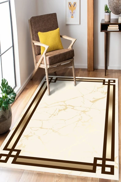 Çerçeveli Baskılı Kaymaz Yıkanabilir Salon Oturma Odası Mutfak Antre Hol Halısı Yolluk 80 x 150 cm Krem ürün görseli 1