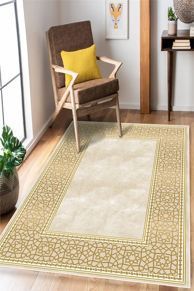 Gold Çerçeve Desenli Baskılı Kaymaz Yıkanabilir Salon Oturma Odası Antre Halısı Yolluk 160 x 230 cm Altın ürün görseli 1