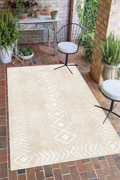 Modern Etnik Kilim Desenli Dijital Baskılı Yıkanabilir Kaymaz Taban Salon Halısı Yolluk 80 x 150 cm Krem ürün görseli 1