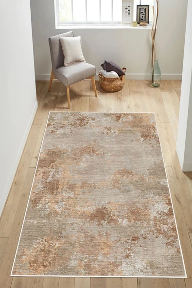 Modern Jüt Görünümlü Minimalist Krem Dijital Baskılı Yıkanabilir Kaymaz Taban Salon Halısı Yolluk 80 x 200 cm Kahverengi ürün görseli 1