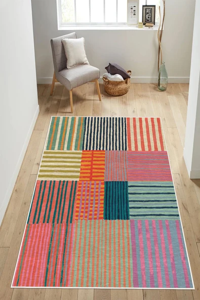 Retro Stil Modern Desenli Renkli Dijital Baskılı Yıkanabilir Kaymaz Taban Salon Halısı Yolluk 100 x 200 cm Gri ürün görseli 1