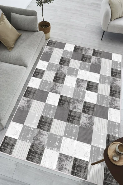 Modern Gri Desen Baskılı Kaymaz Yıkanabilir Salon Oturma Odası Mutfak Antre Halısı Yolluk 200 x 290 cm Gri ürün görseli 1
